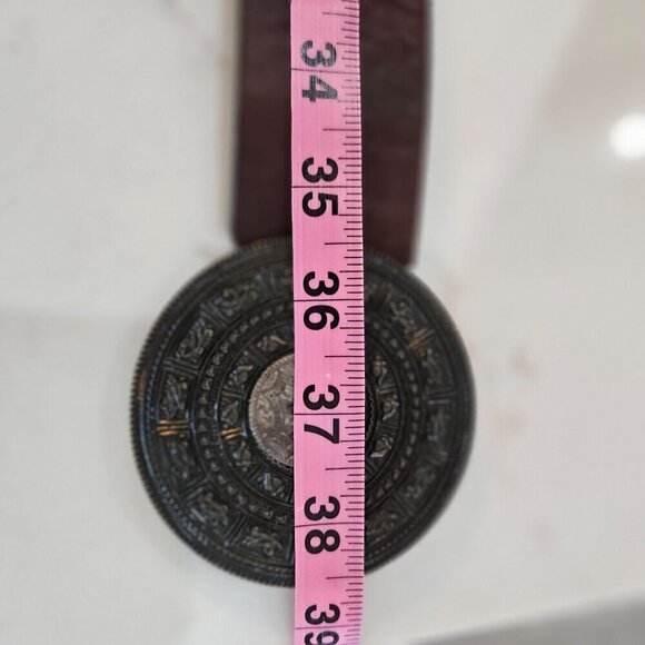 Chicos Small Genuine Leather Belt Aztec Medallion Buckle Brown Beaded - Picture 11 of 15